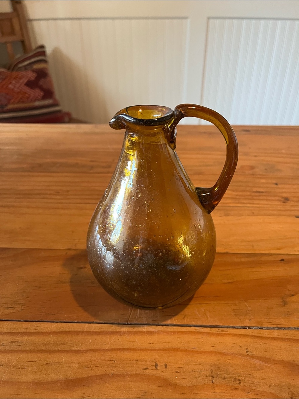Vintage Hand-blown Amber Bubble Glass Pitcher